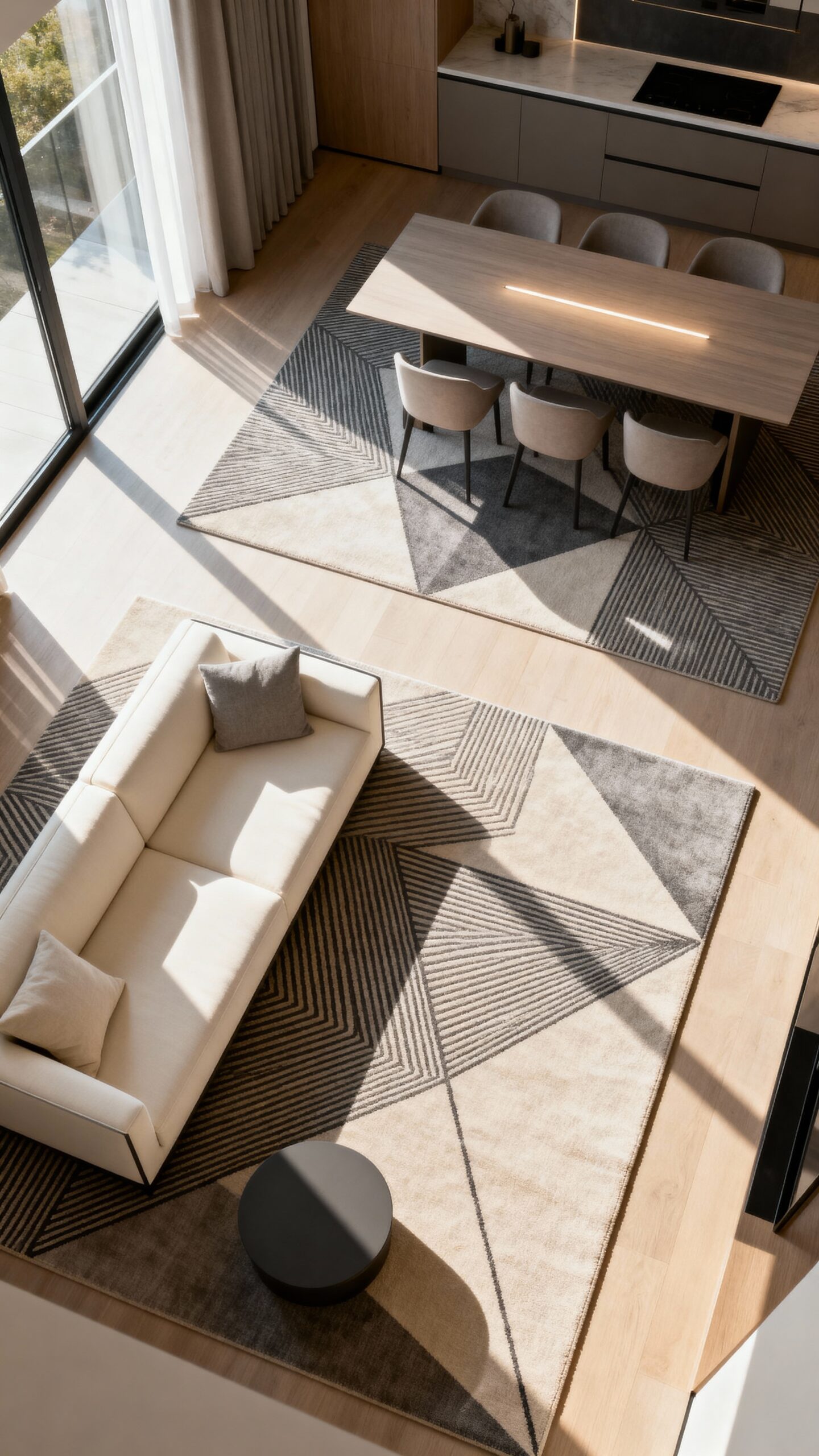 flexible zoning with complementary area rugs