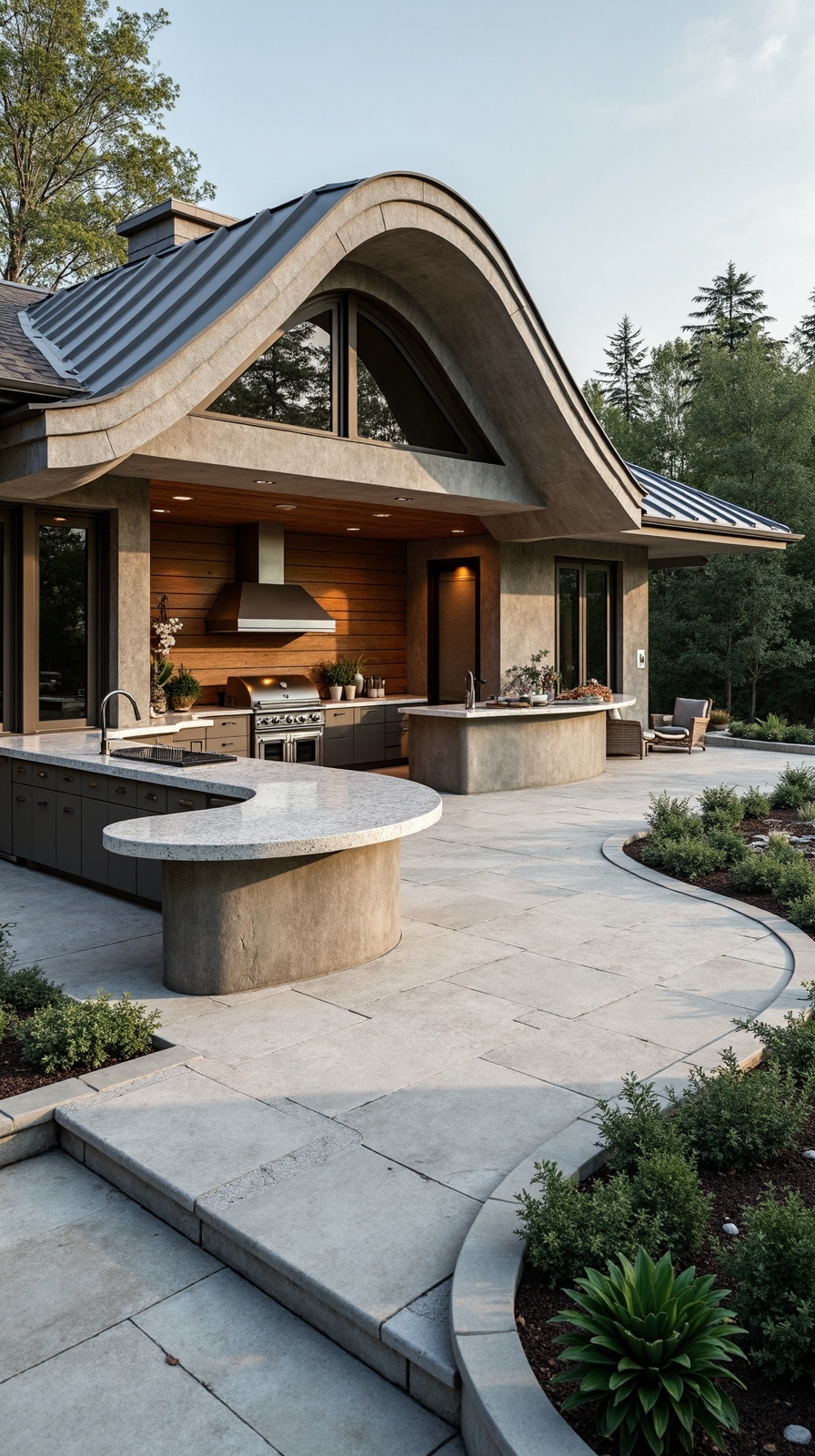 flowing versatile asymmetrical outdoor kitchen spaces