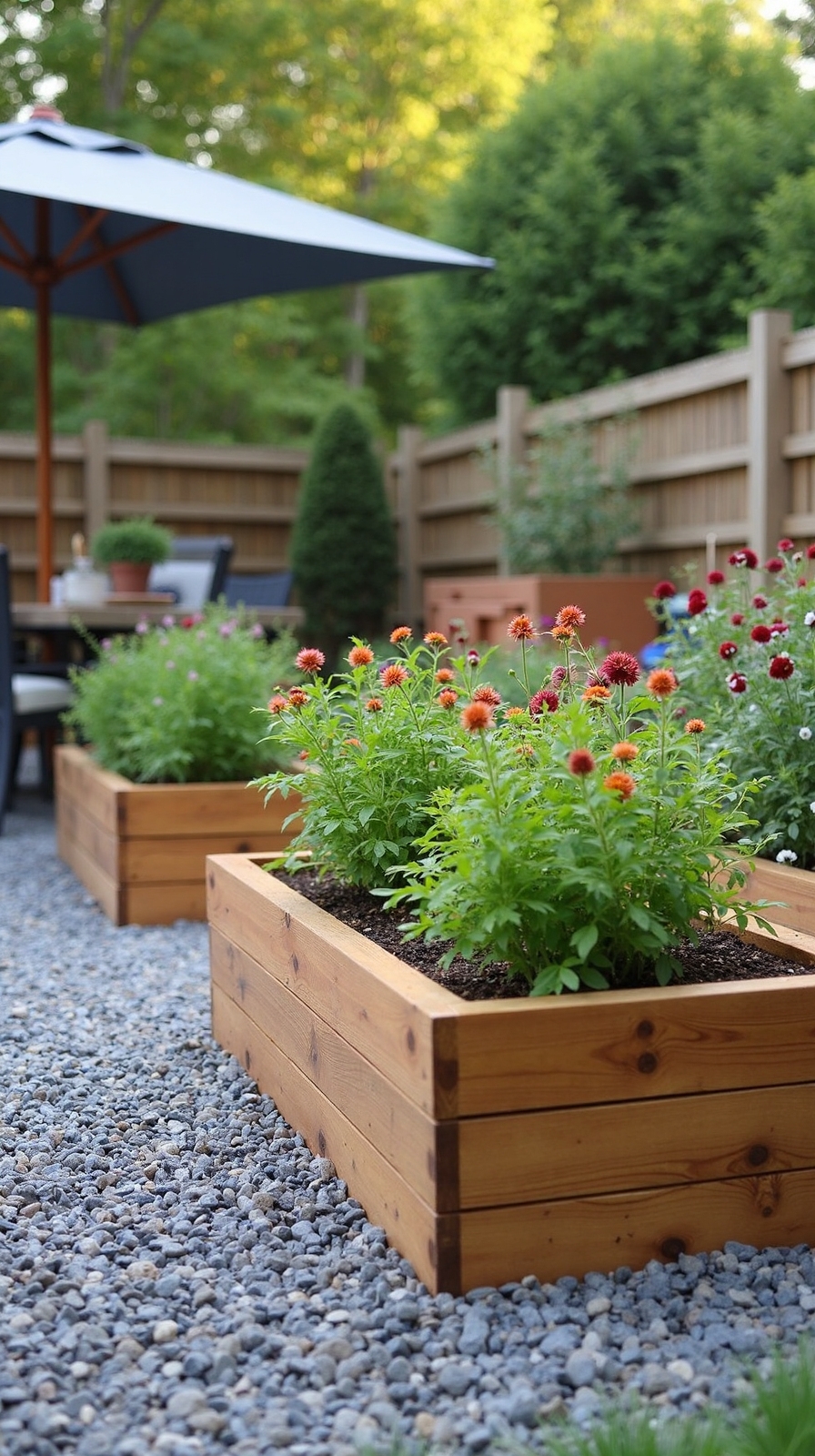 gravel patio with planter boxes