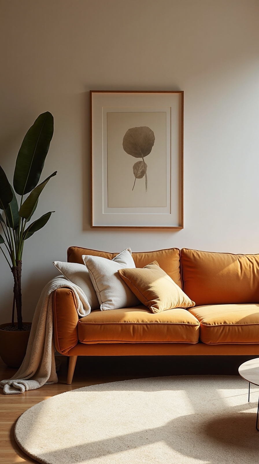 grounding caramel couch with neutral rugs