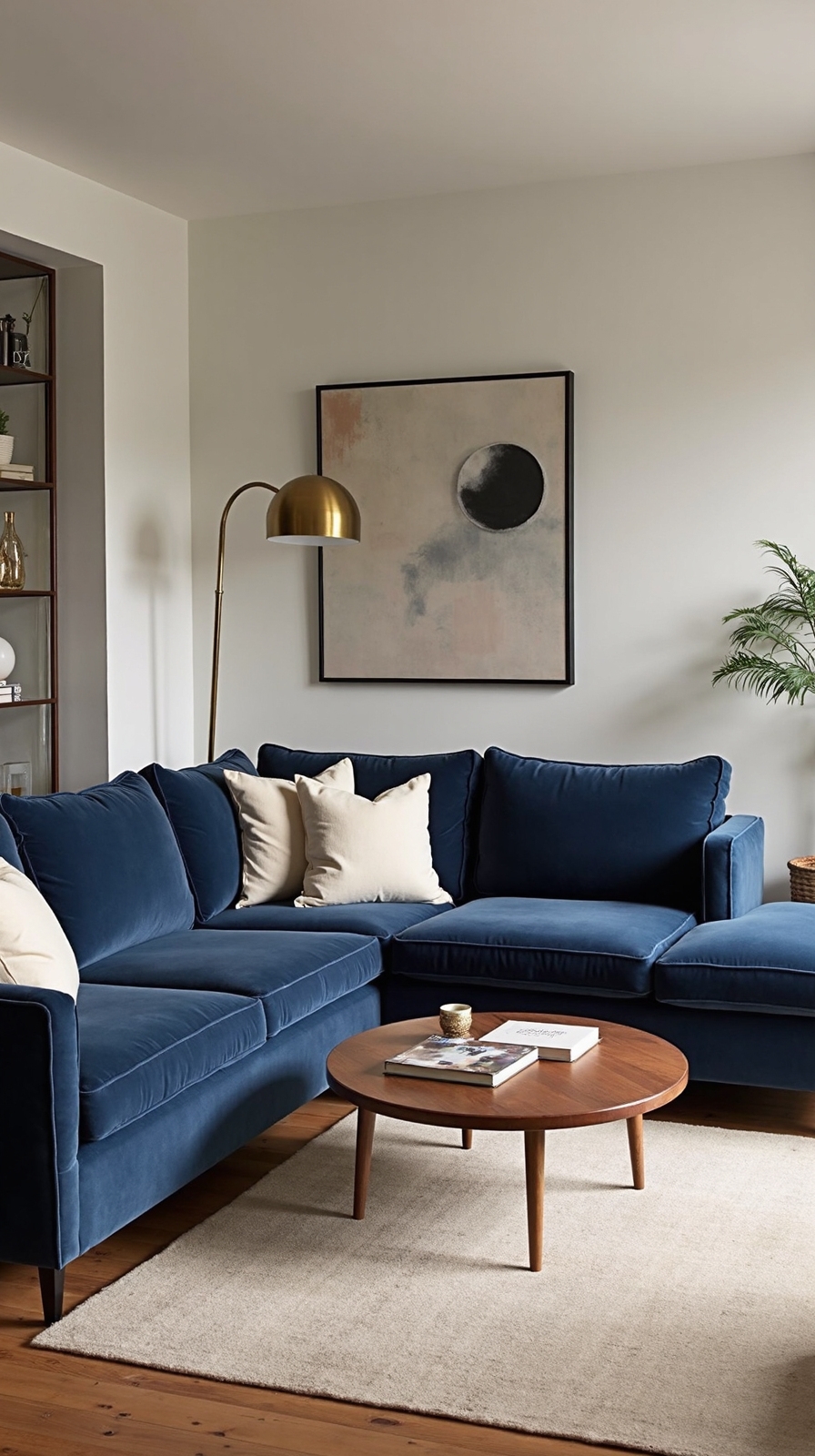 harmonious navy blue and natural wood