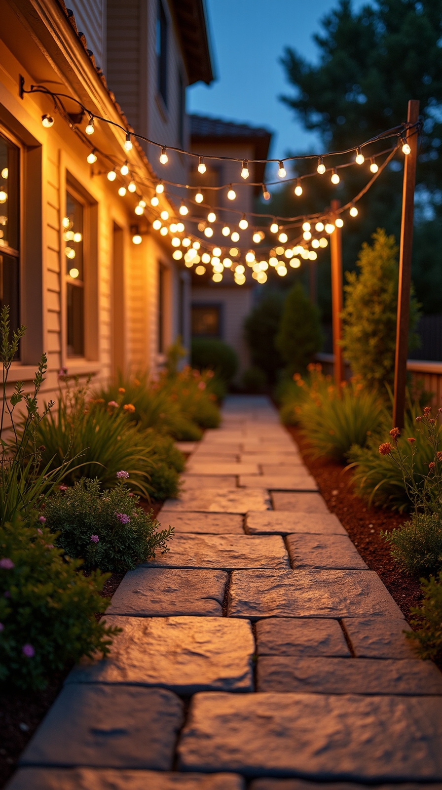 illuminated ground level pathway string lighting