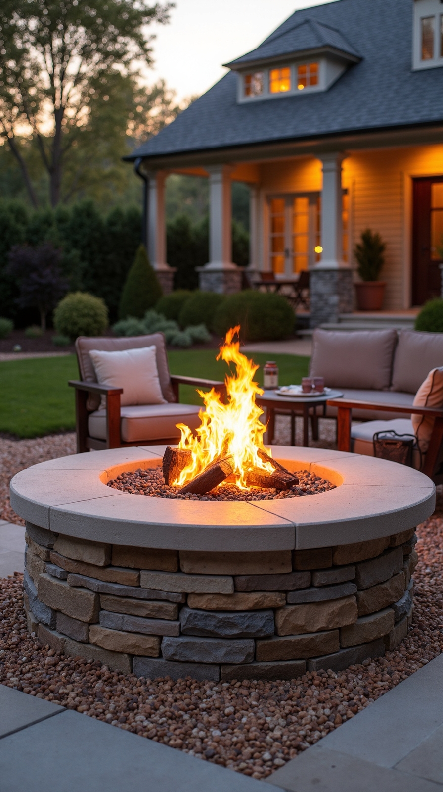 intimate natural stone fire pit gathering