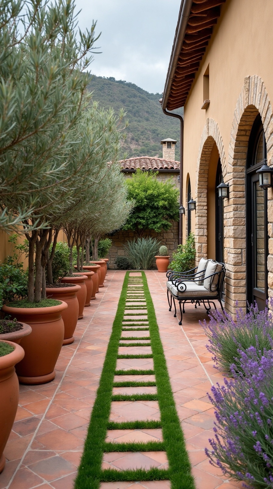 inviting mediterranean patio design with artificial grass