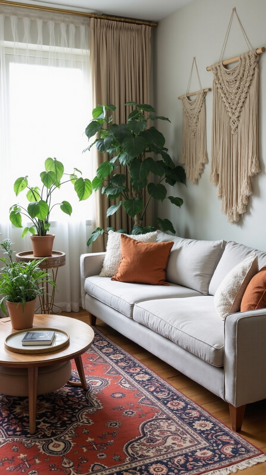 layered cozy bohemian sanctuary with plants