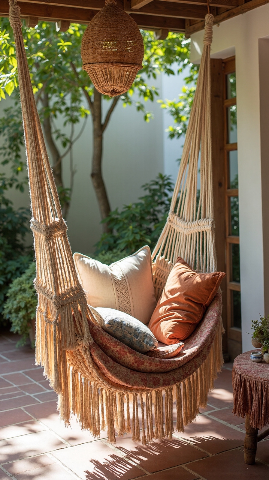layered cozy shaded botanical hammock retreat