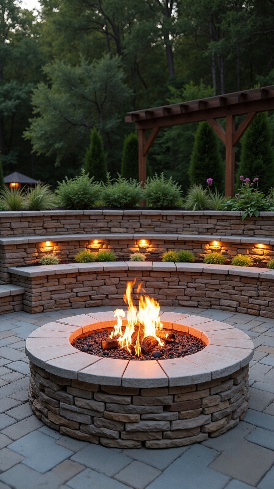 layered fire pit with integrated planters