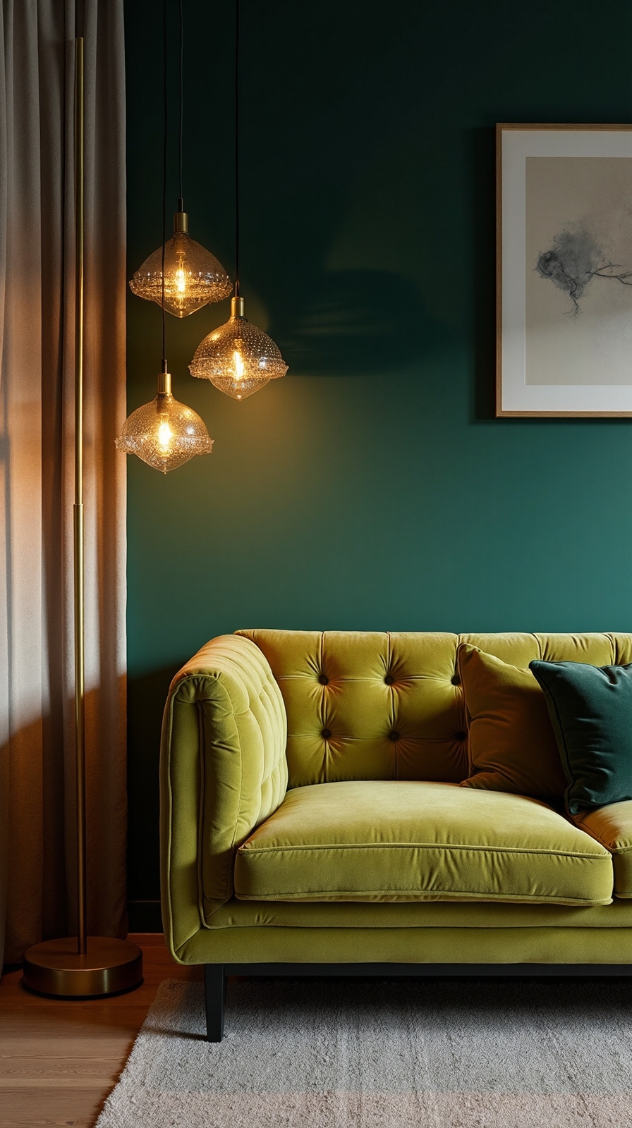 layered lighting transforms olive couch