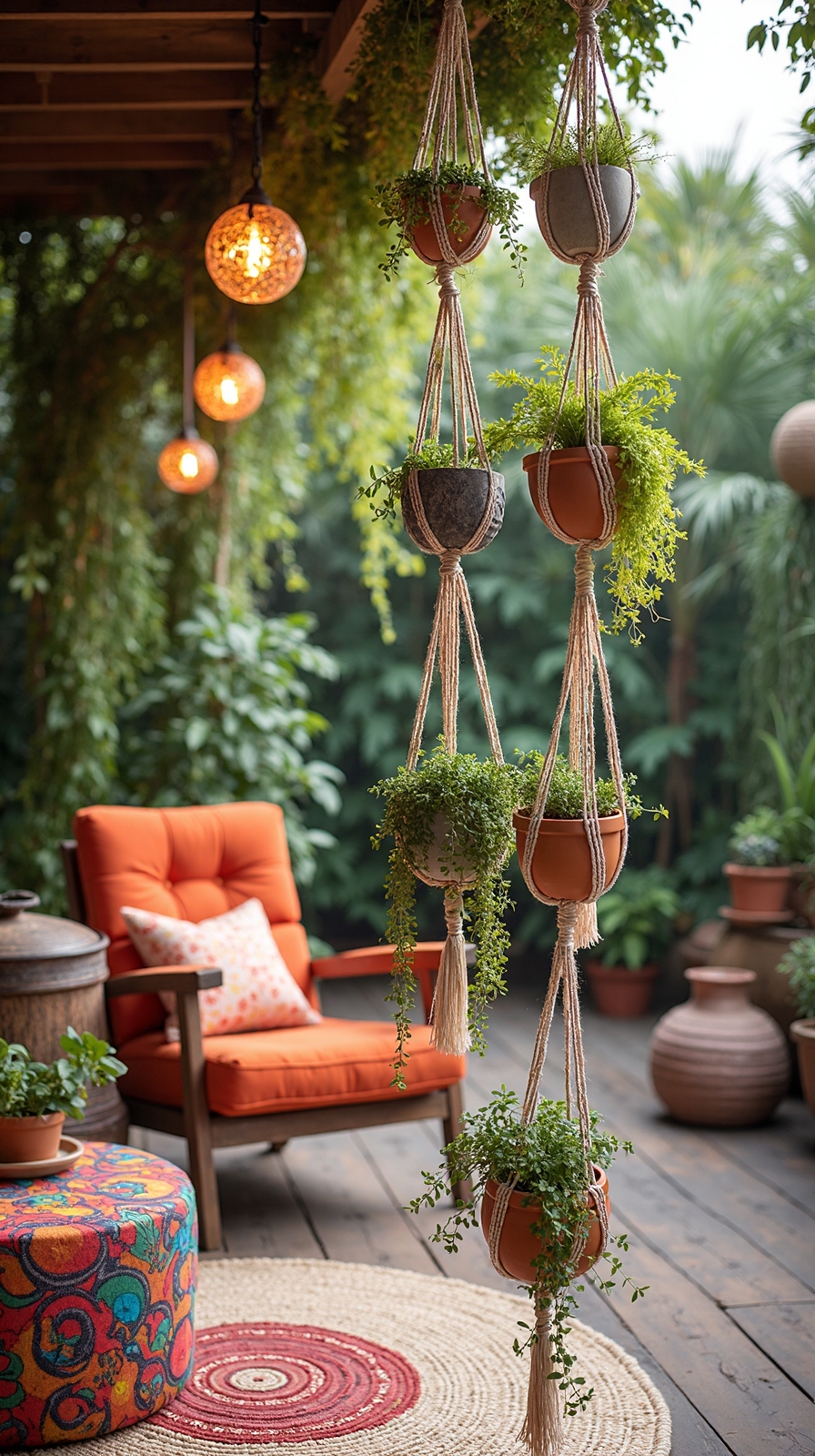 layered macram plant hangers create drama