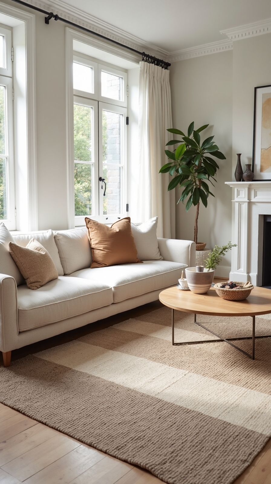 layered neutral rugs complement cream couch
