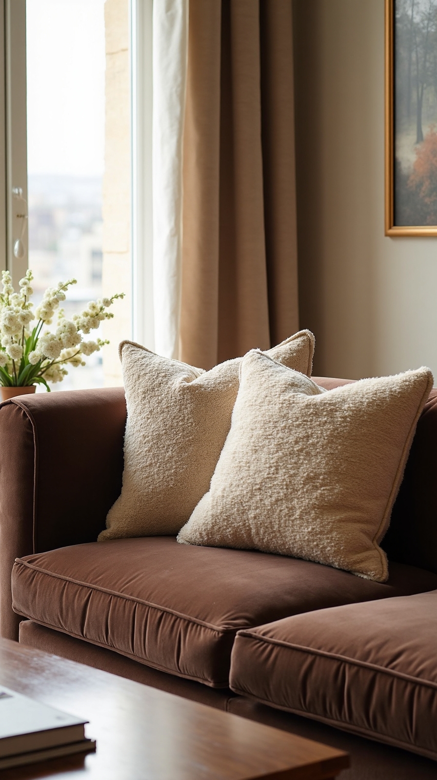 layered neutral throw pillows accent
