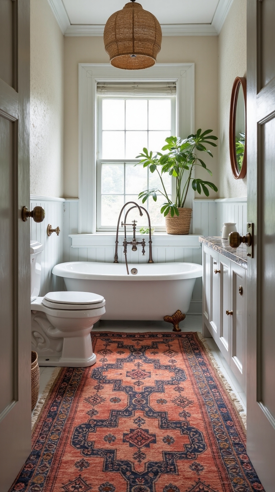 layered patterned vintage water resistant bathroom rugs