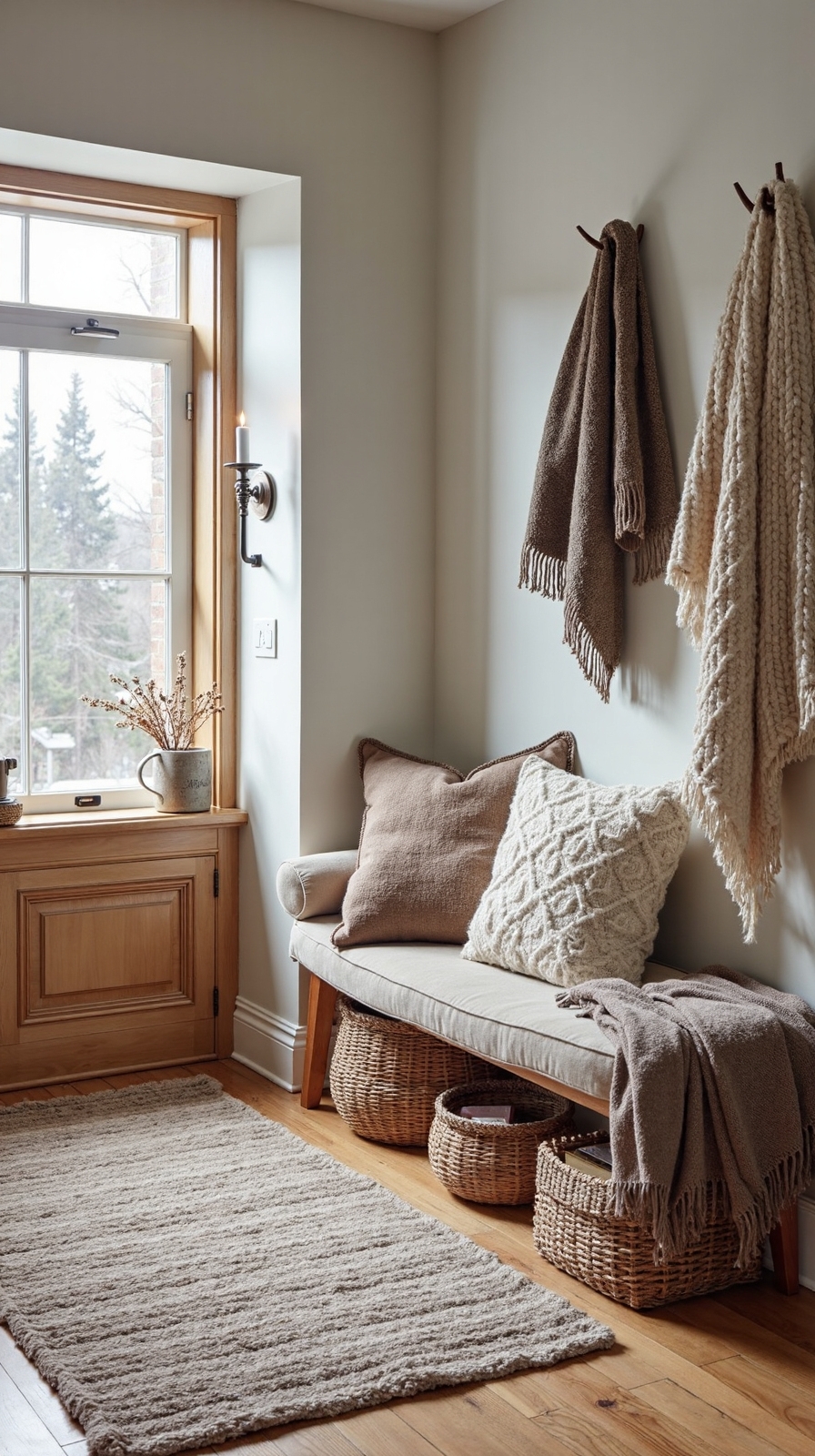 layered textiles create cozy winter entrance