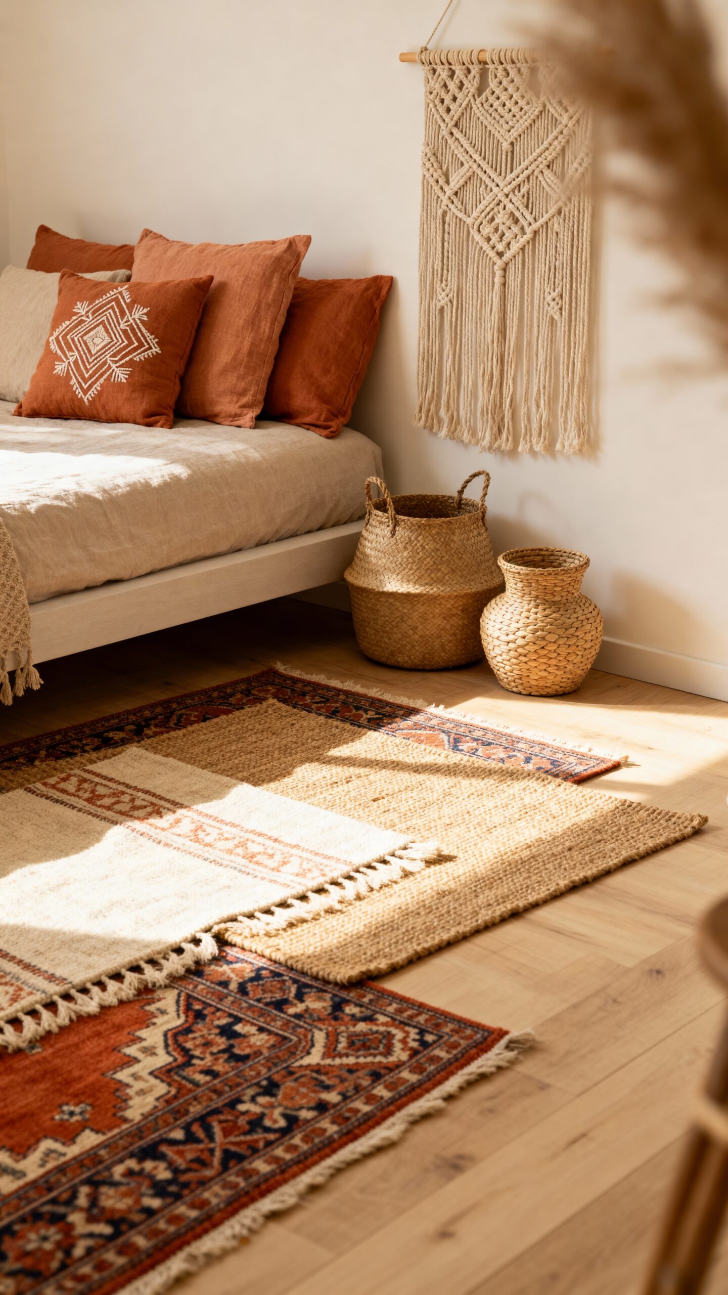 layered textured rugs create cozy ambiance