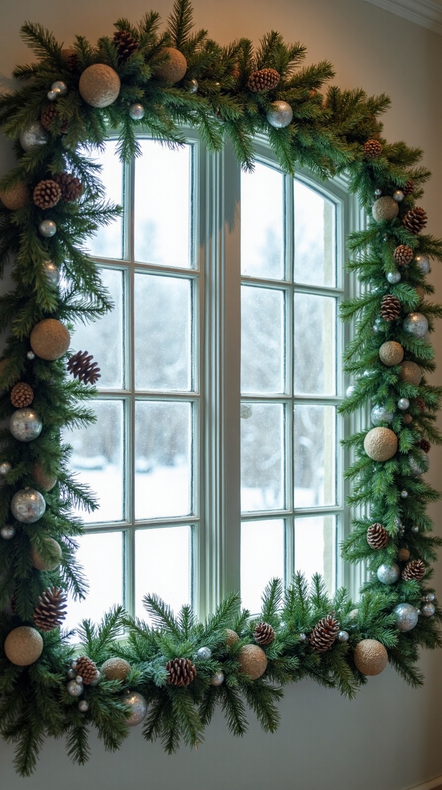 lush evergreen garlands with pinecone accents