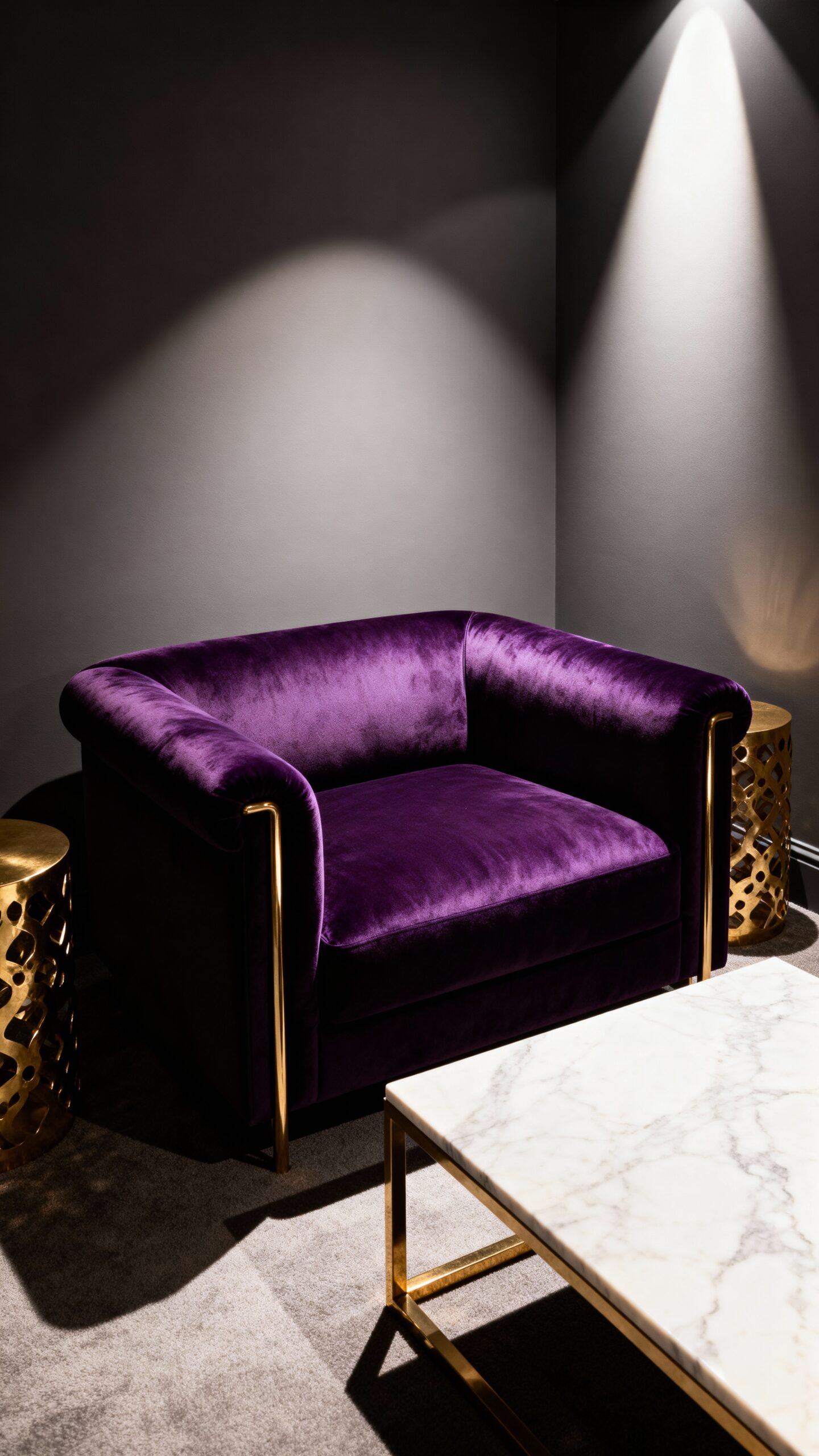 luxurious dramatic intimate dimensional purple living room