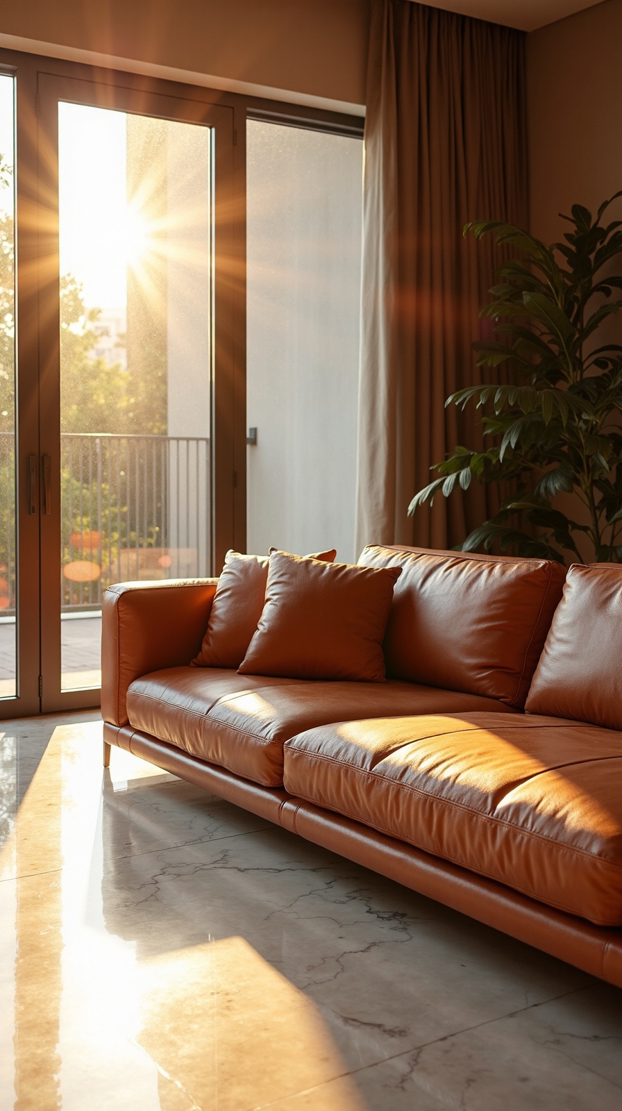 luxurious leather couch natural light enhancement
