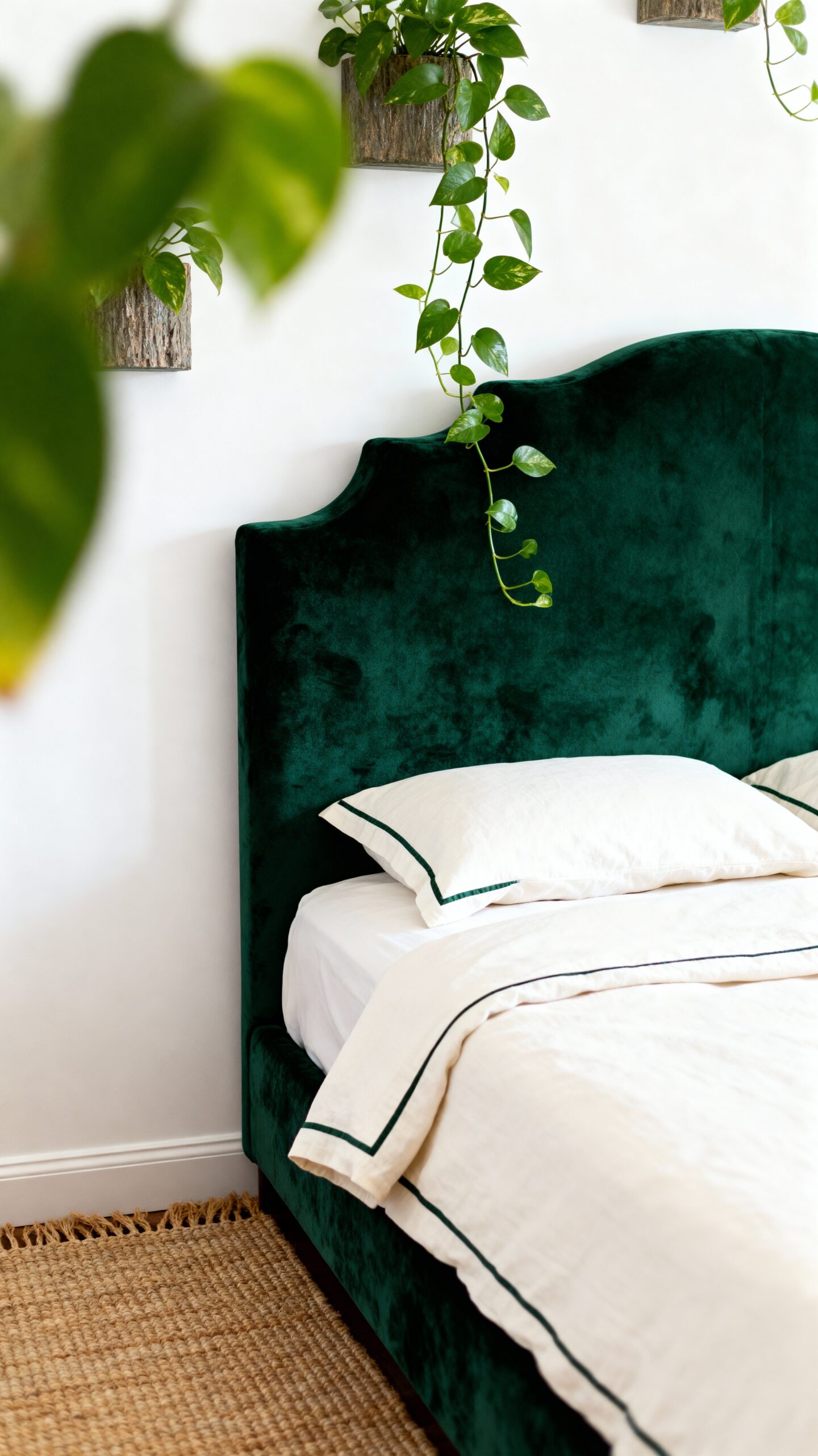 luxurious velvet headboard complementary neutral linens