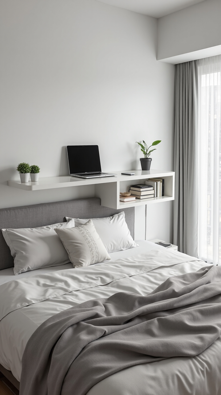 maximize bedroom workspace with wall to wall shelf