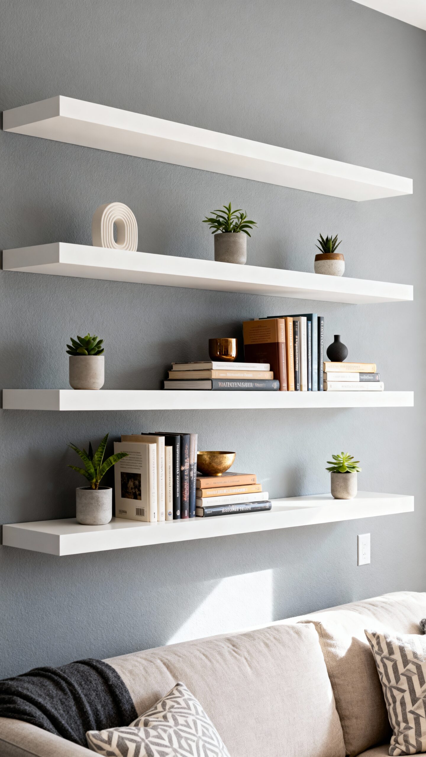 maximize vertical storage with floating shelves
