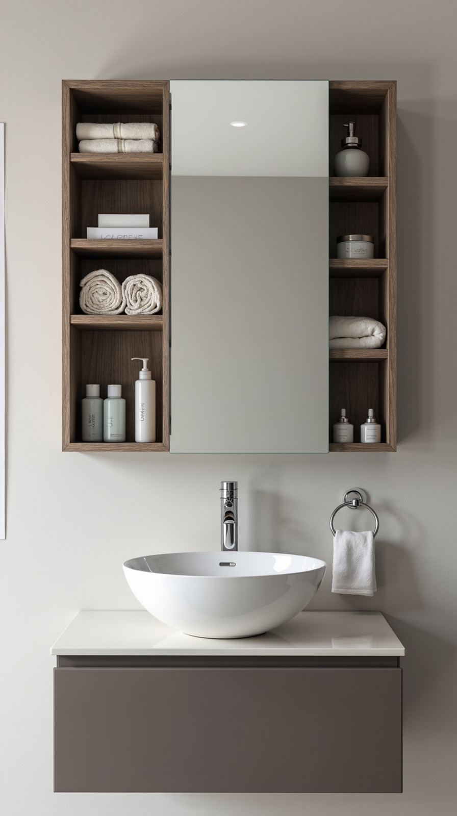 maximized bathroom storage with mirror cabinet