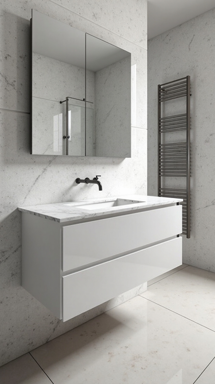 maximized floor space bathroom storage