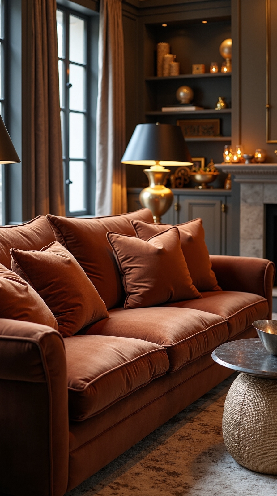metallic accents elevating chocolate couch sophistication