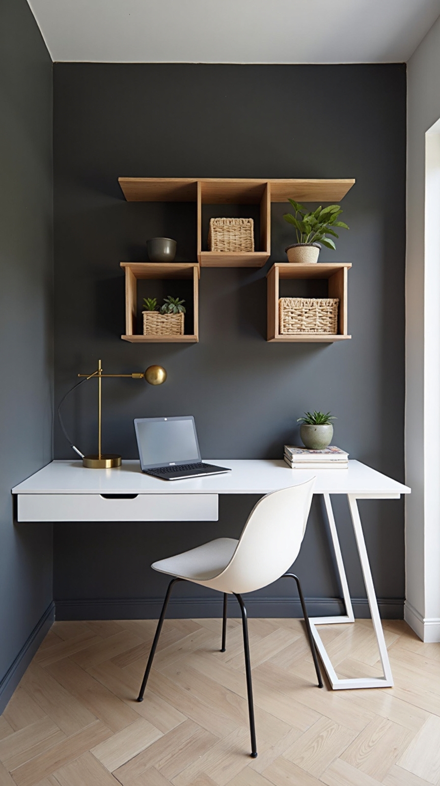 minimalist floating desk with wall storage