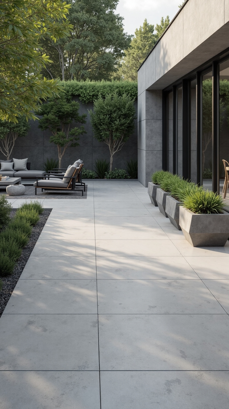 minimalist monochromatic porcelain patio design