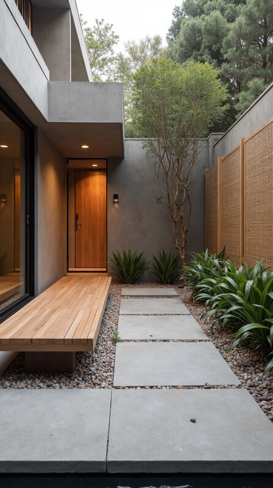 minimalist natural wood outdoor seating space