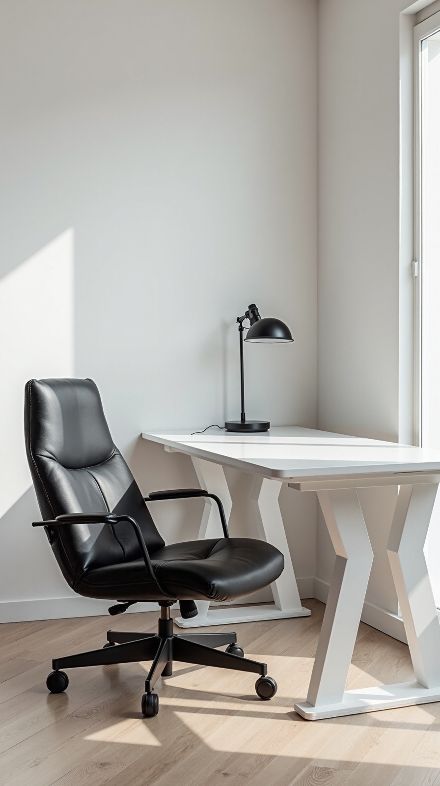 minimalist office with bold black chair