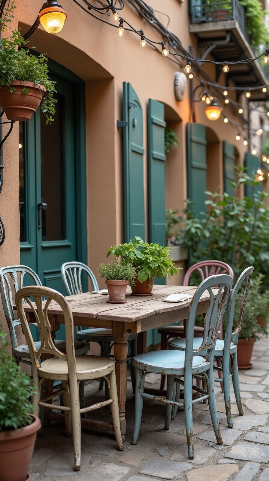 mismatched vintage cafe style outdoor atmosphere