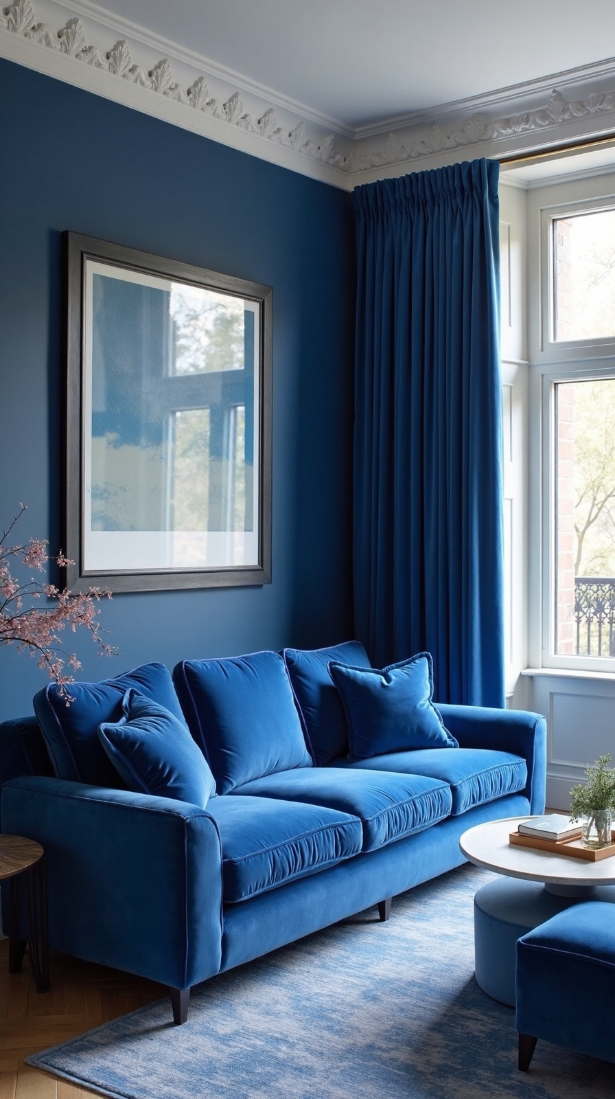monochromatic blue room royal velvet centerpiece