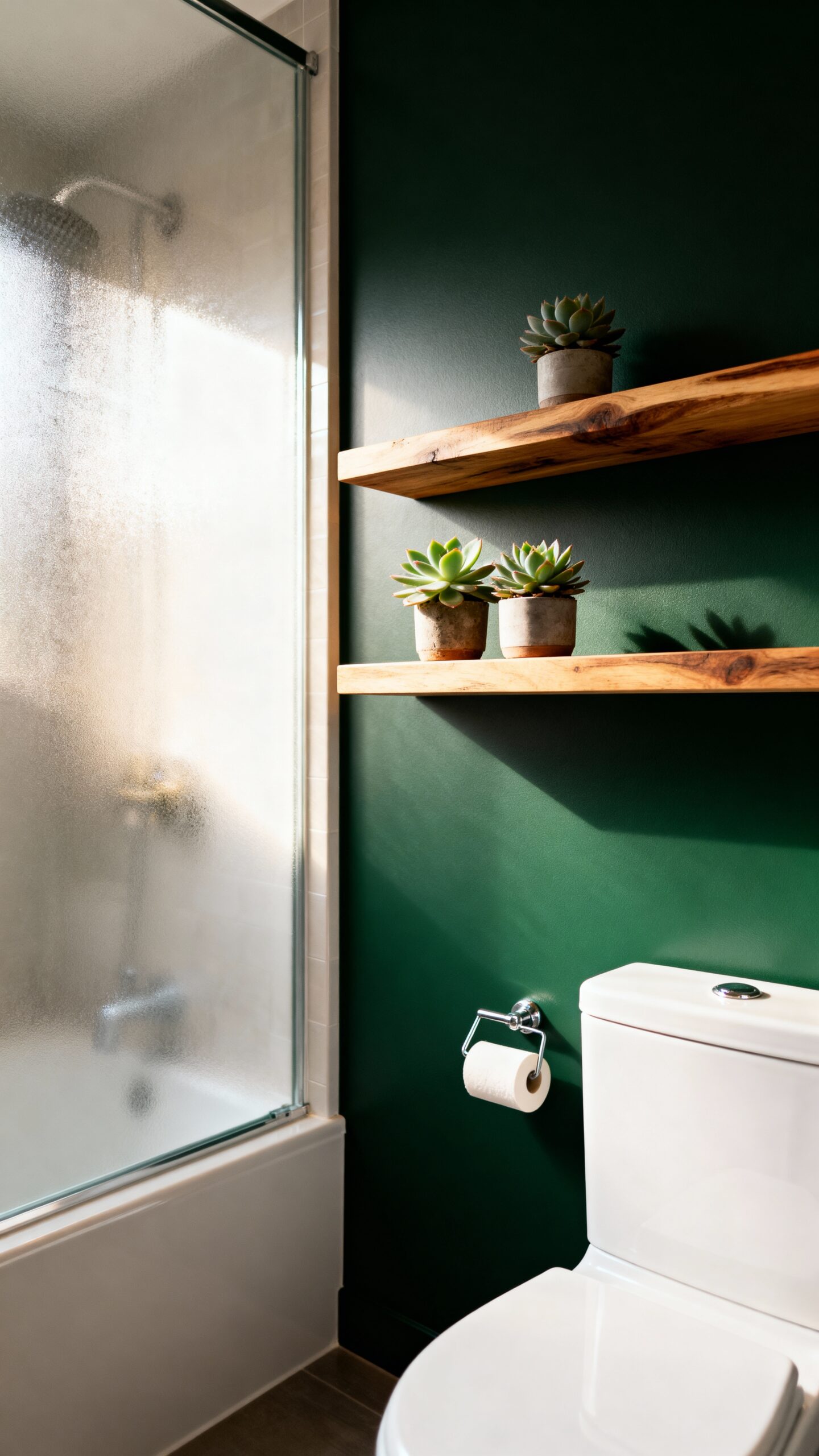 monochromatic green wall shelf integration