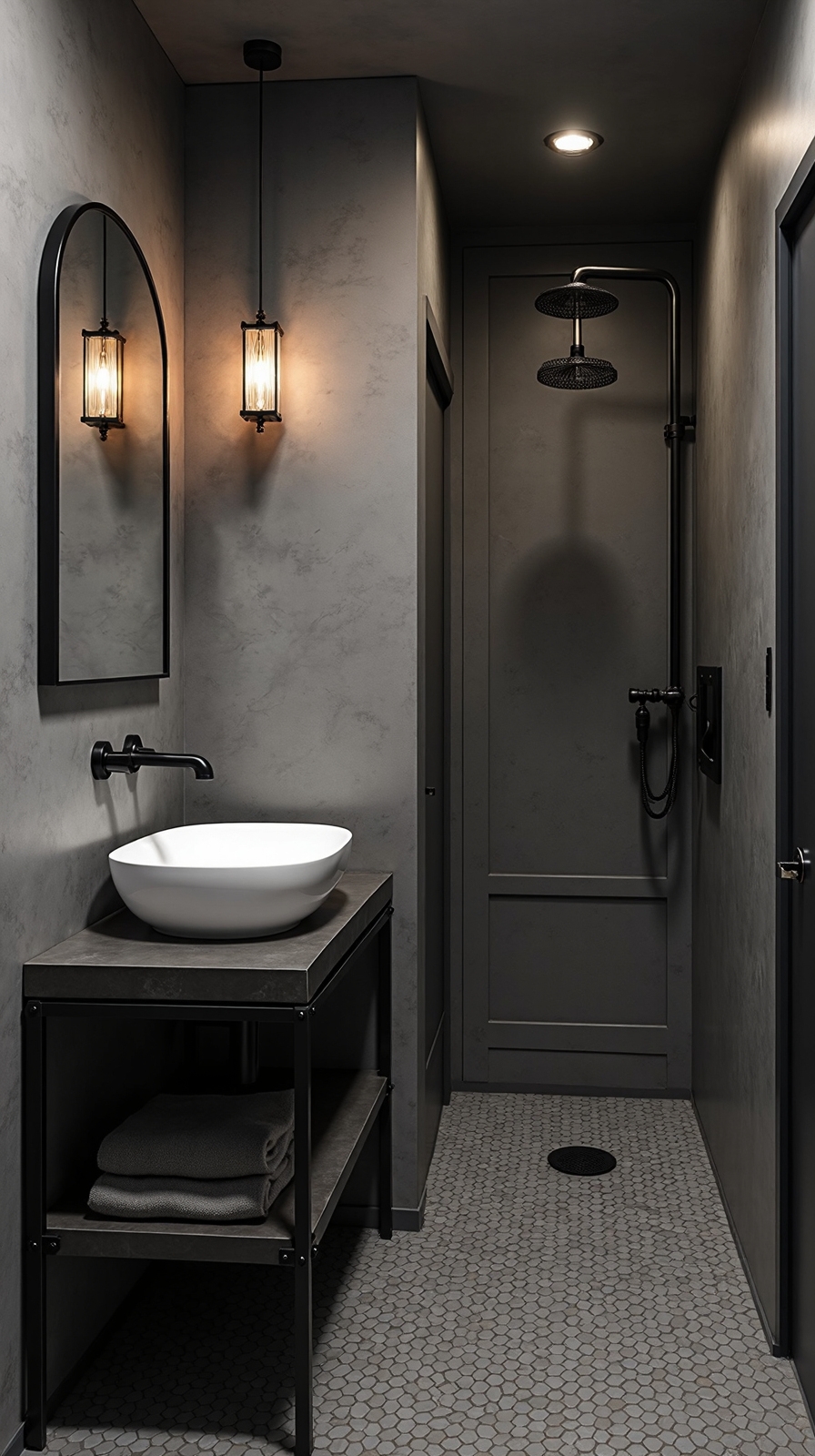 monochromatic industrial chic bathroom aesthetic