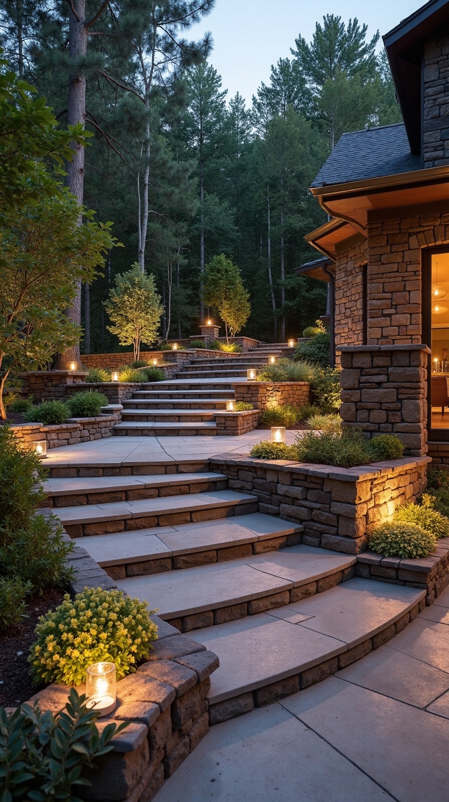 multi level terraced stone patio