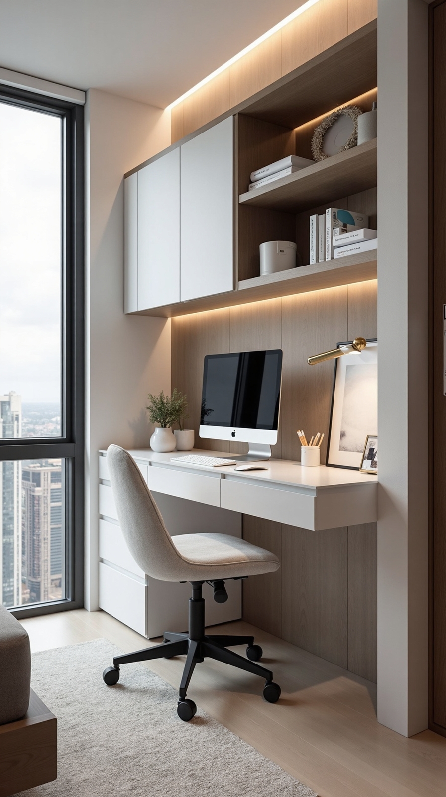 multifunctional space efficient visually harmonious bedroom office
