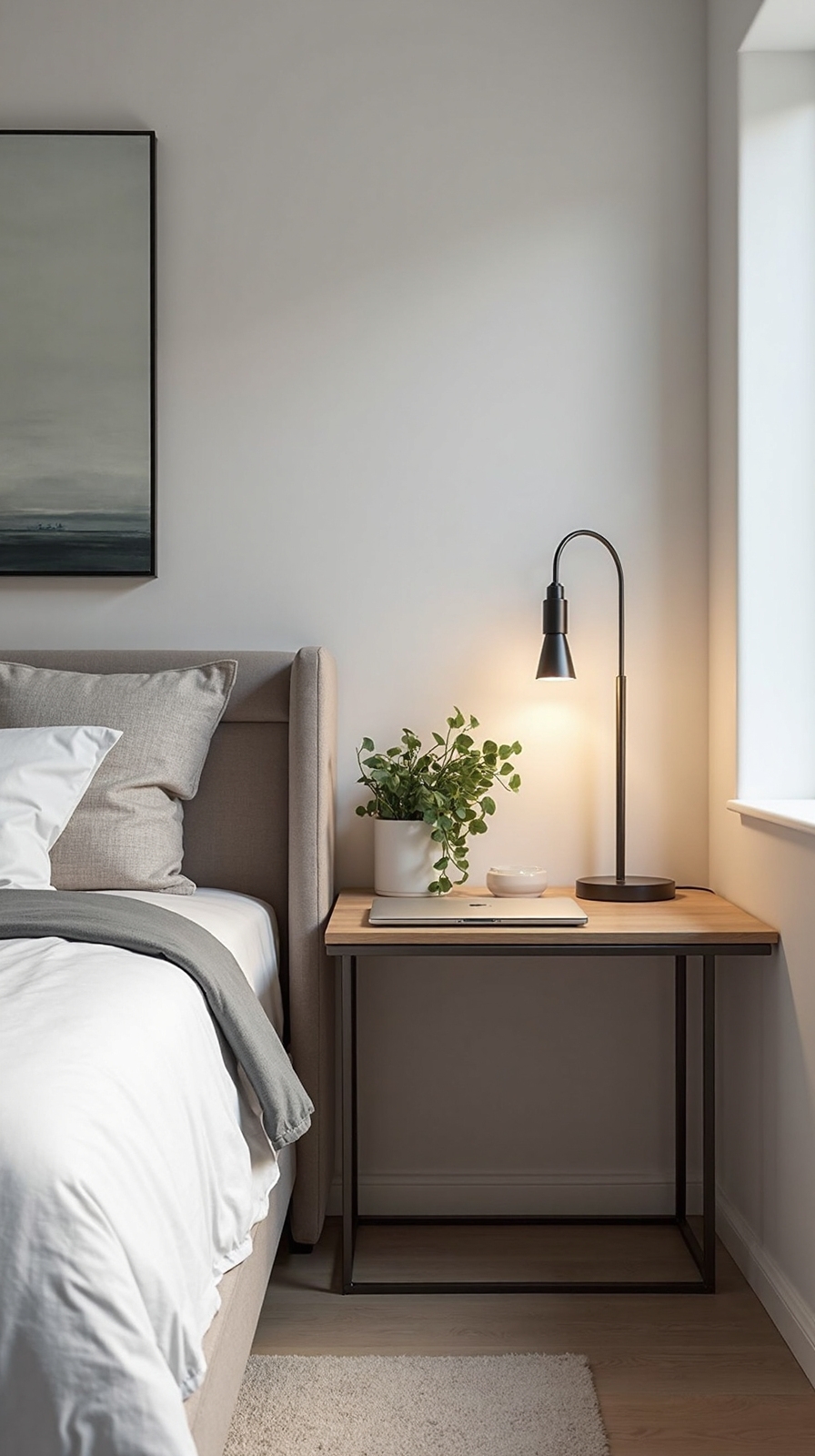 narrow desk behind bed workspace