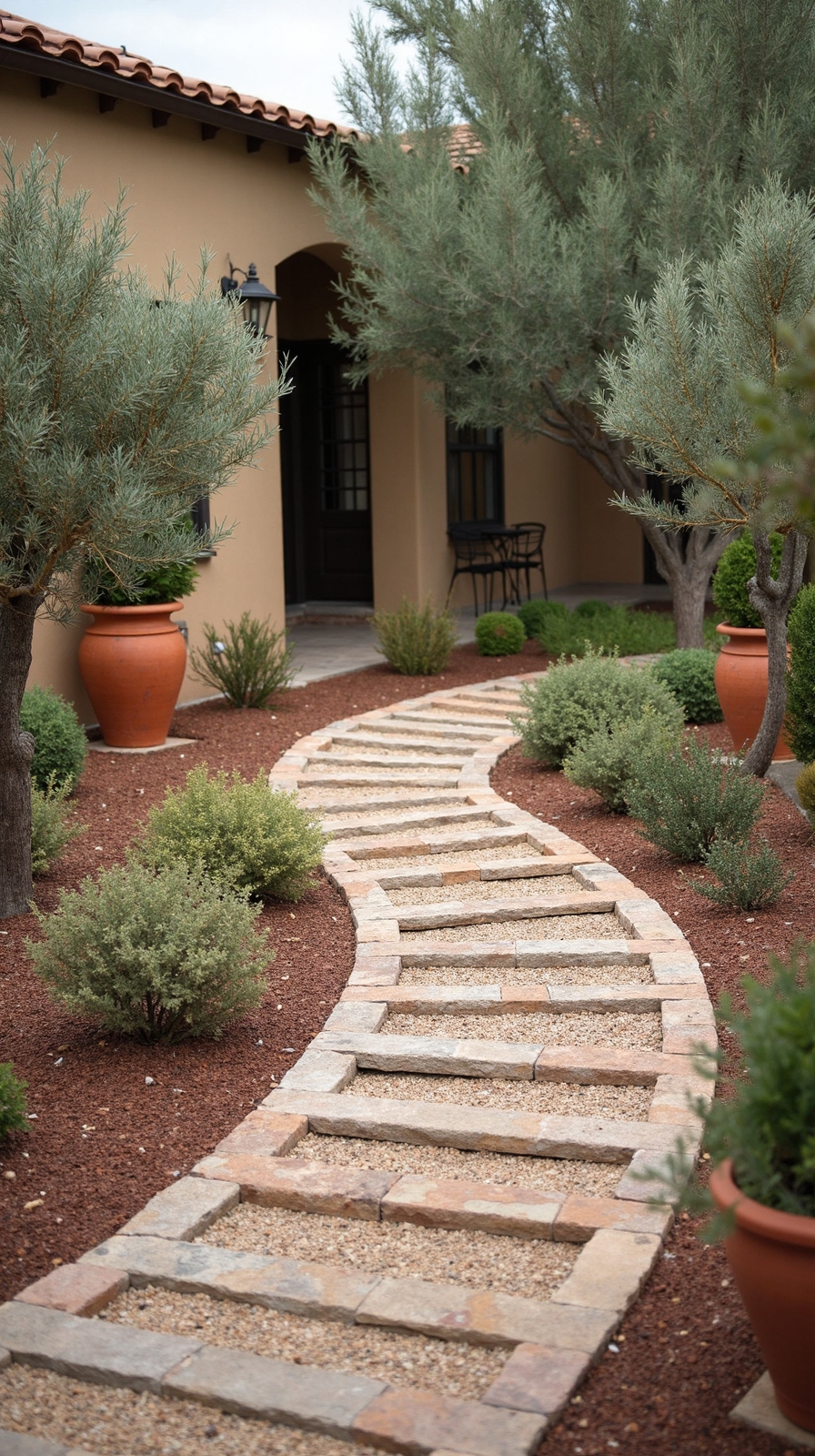 natural stone bordered gravel pathways