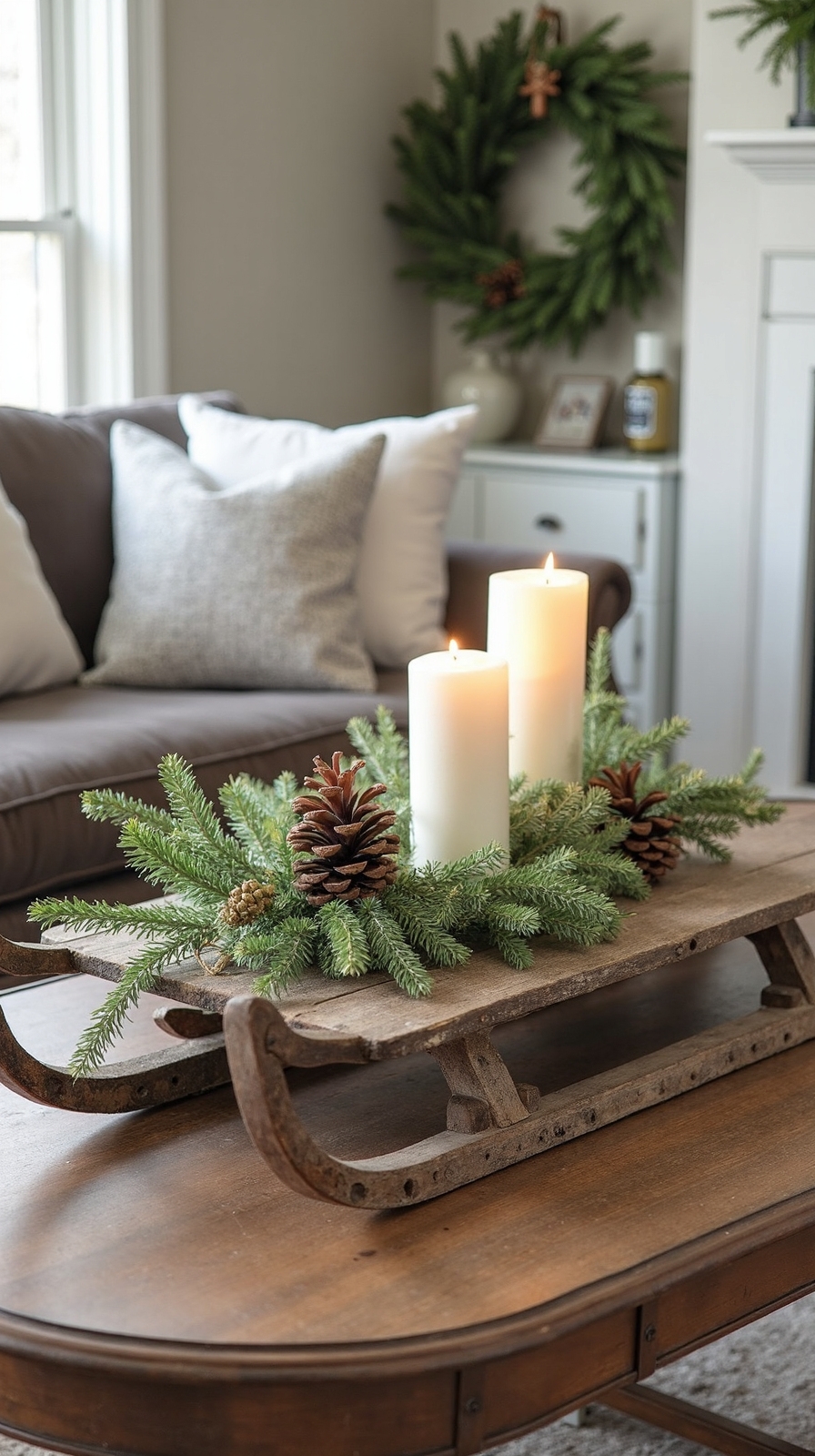 nostalgic winter themed coffee table centerpieces