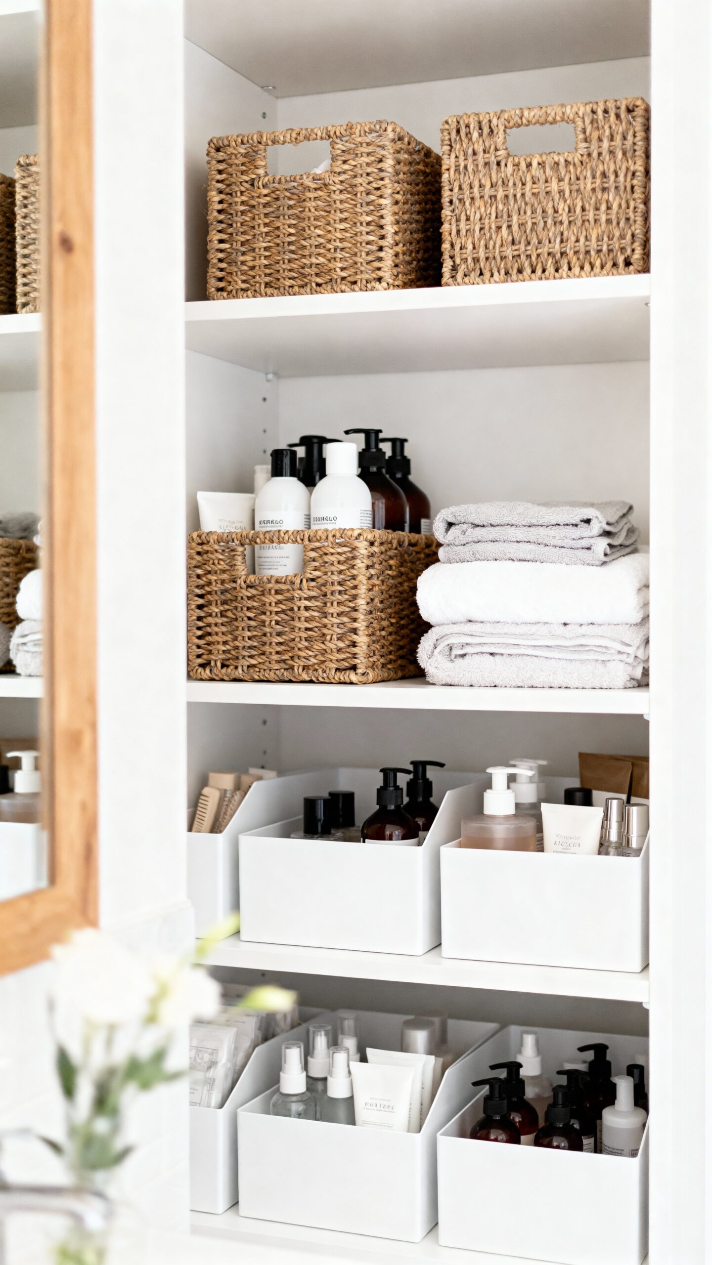 organized bathroom closet with labeled baskets