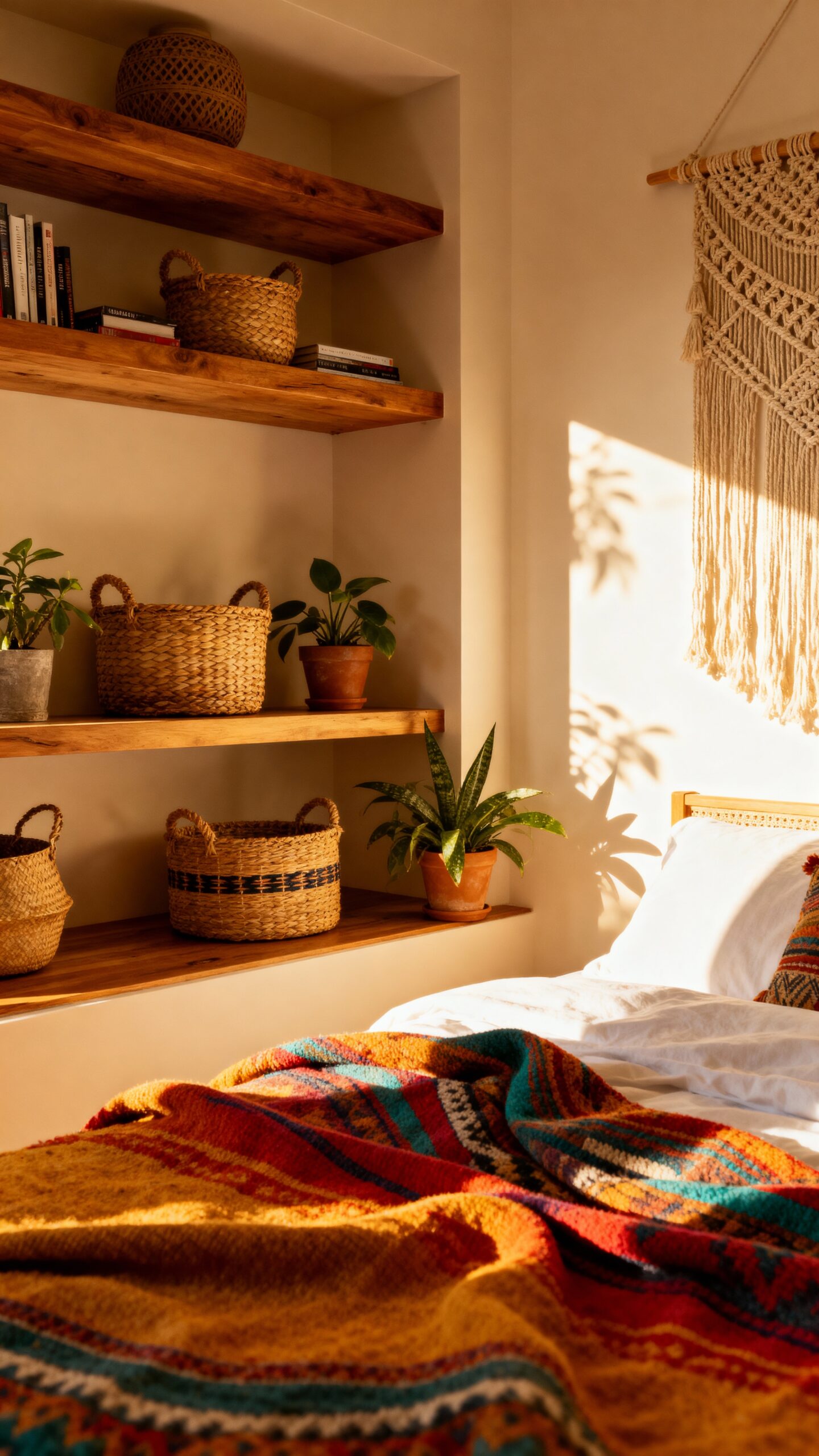 organized boho sanctuary with built in storage