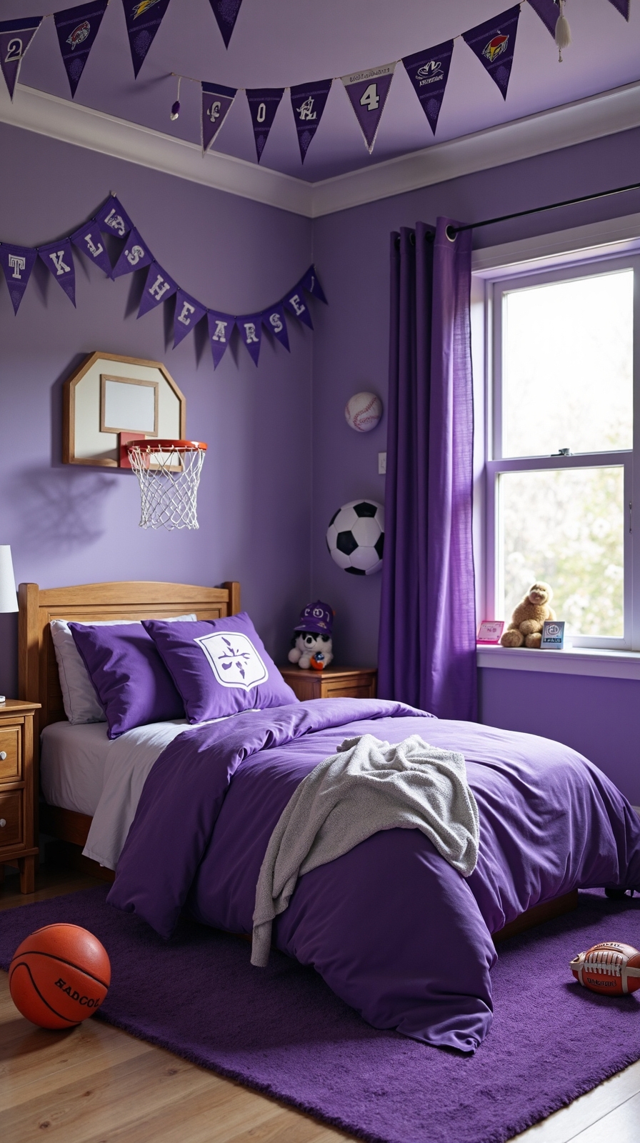 passionate purple sports themed bedroom decor