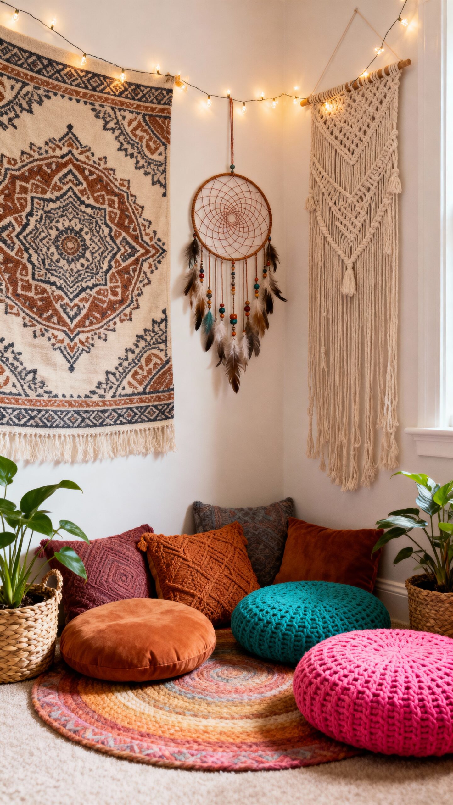 peaceful meditation sanctuary with cushions and tapestries