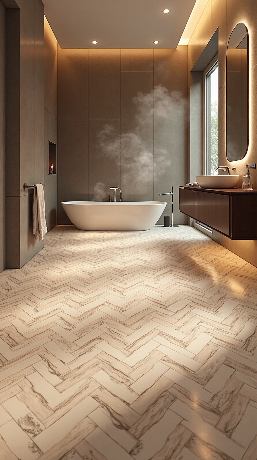 radiant heated herringbone tile sanctuary