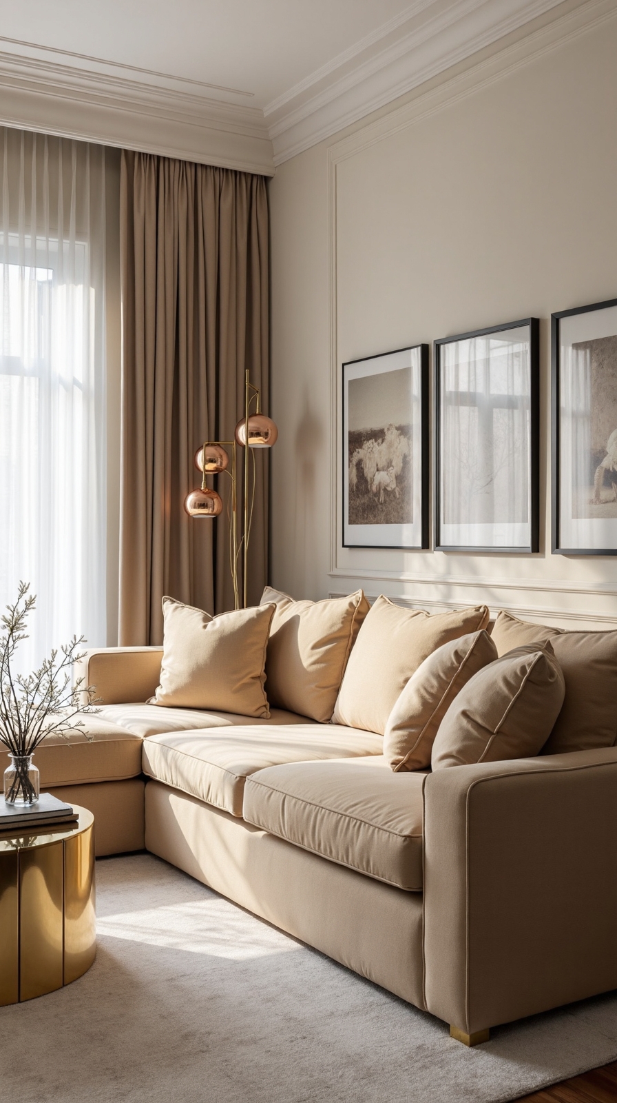 refined champagne metallic living room accents