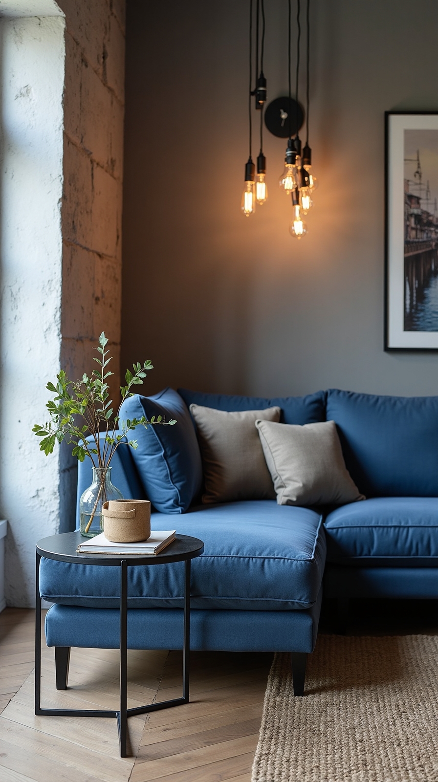 refined industrial denim couch aesthetic