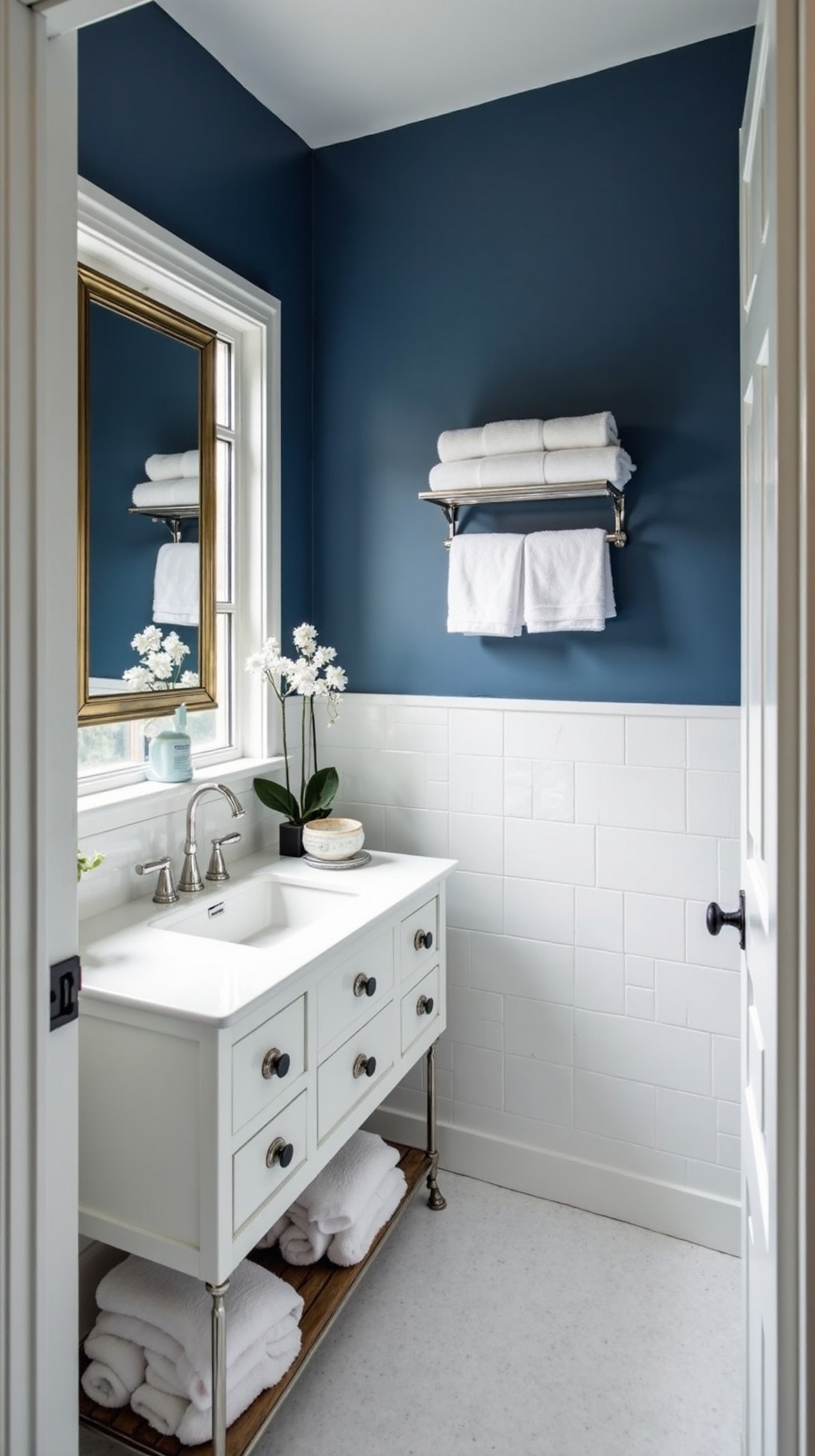 refined serene navy and white bathroom