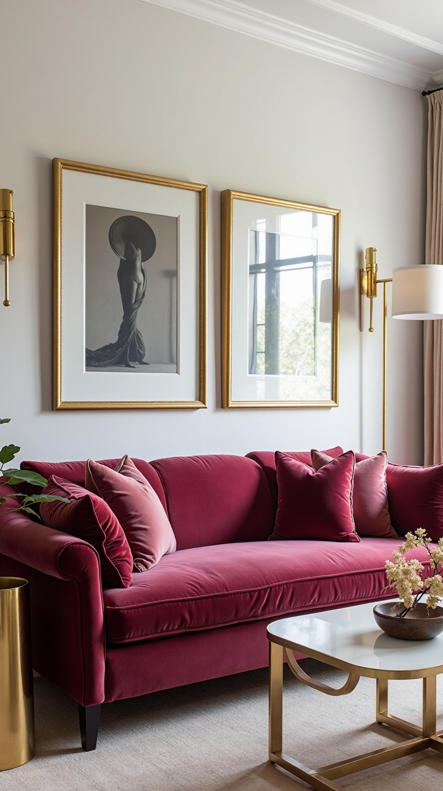 refined sophisticated burgundy couch styling