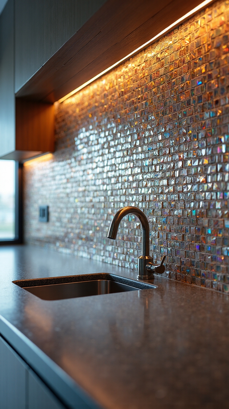 reflective layered mixed material kitchen design